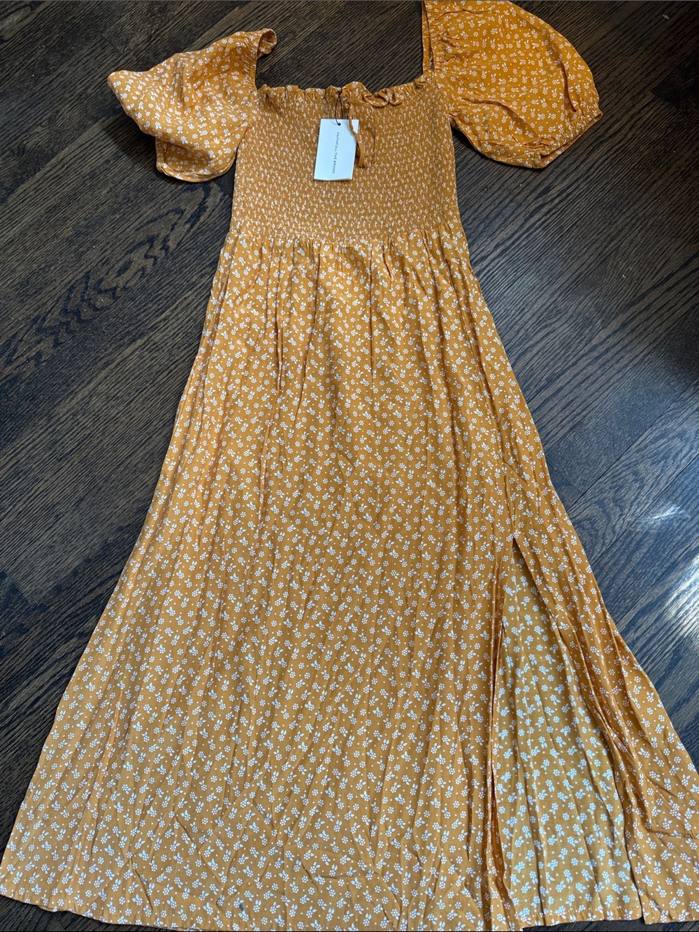 Faithfull the Brand NWT Valetta Midi: Orange Floral Smocked Puff-Sleeve Dress